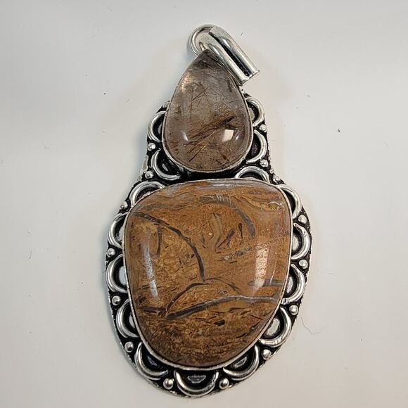 Necklace Pendants Picture Jasper and Rutilated Quartz Handmade Jewelry Silver - Picture 1 of 10